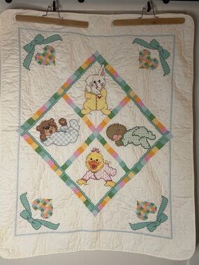 Handmade CROSS STICH Nursery Animal Patchwork Quilt -Yellow, Pink, Green, Blue